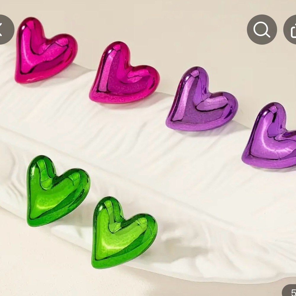 Earrings Heart Metallic Pink Purple Green Pierced. 3 pairs. NWT - Picture 2 of 6
